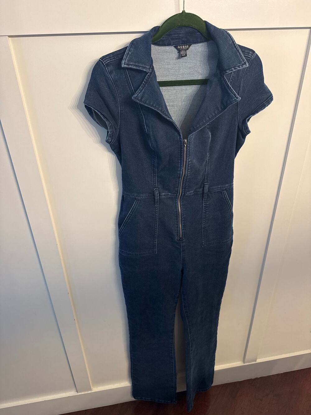 Women's GUESS Jean Jumpsuit Cap Sleeves Front Zip Size M